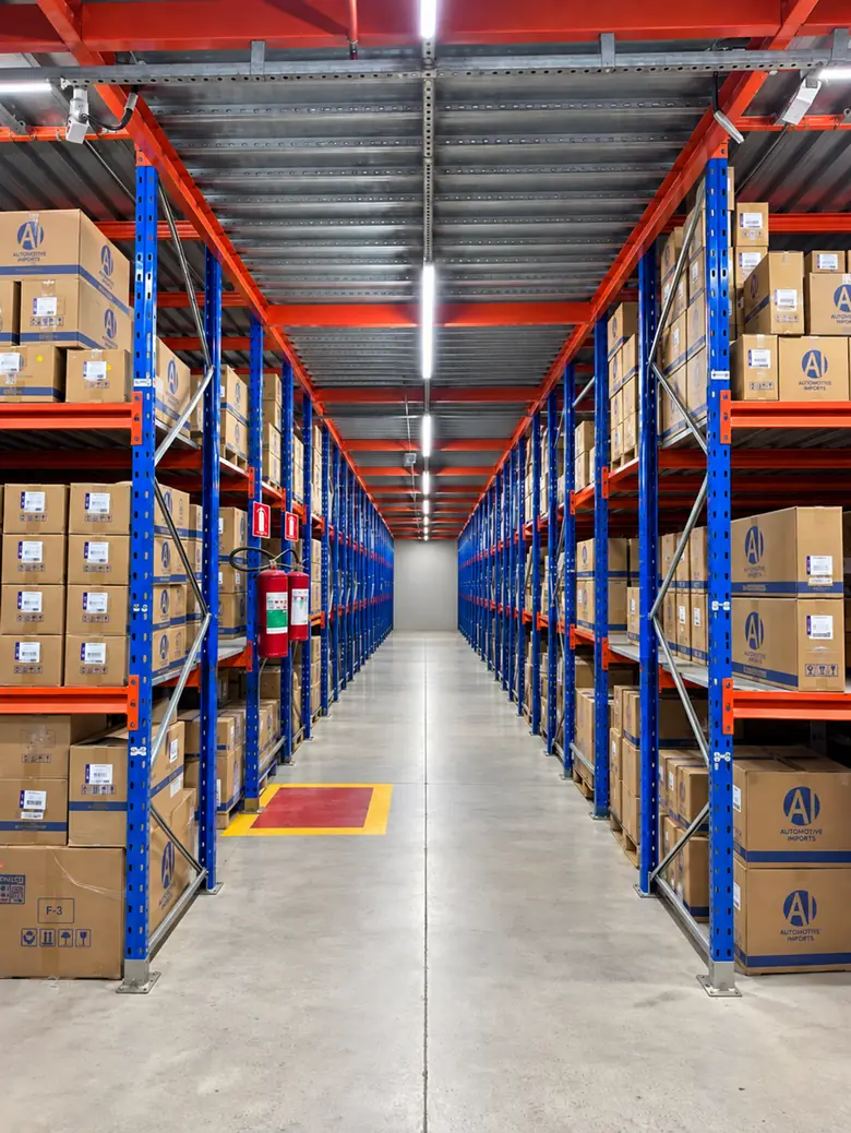 Corredor de pé-direito alto entre estantes de estoque, com caixas Automotive Imports até o teto